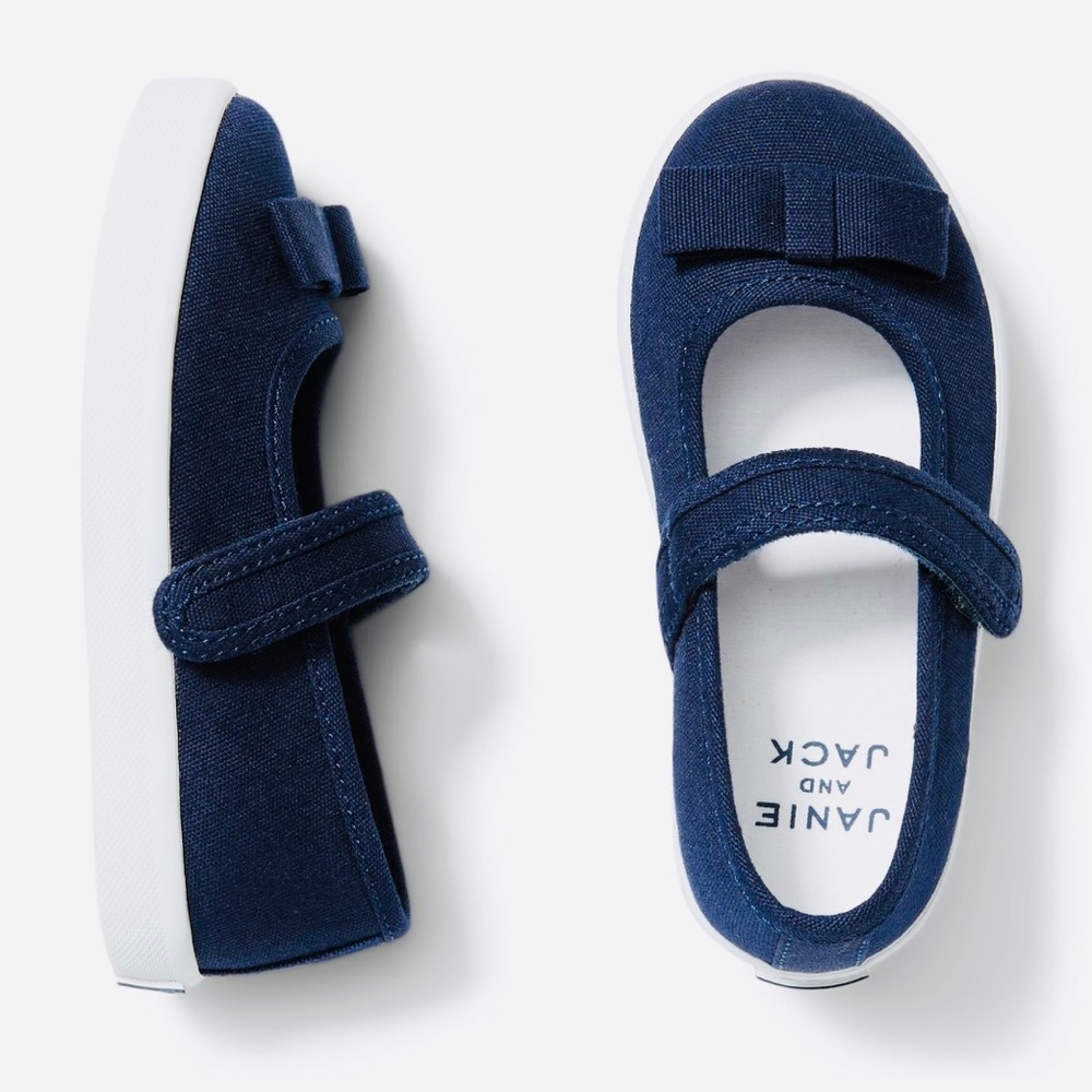 JANIE AND JACK Mary Jane Sneaker Sz 10 Navy White Cotton Toddler Bow Worn Once
